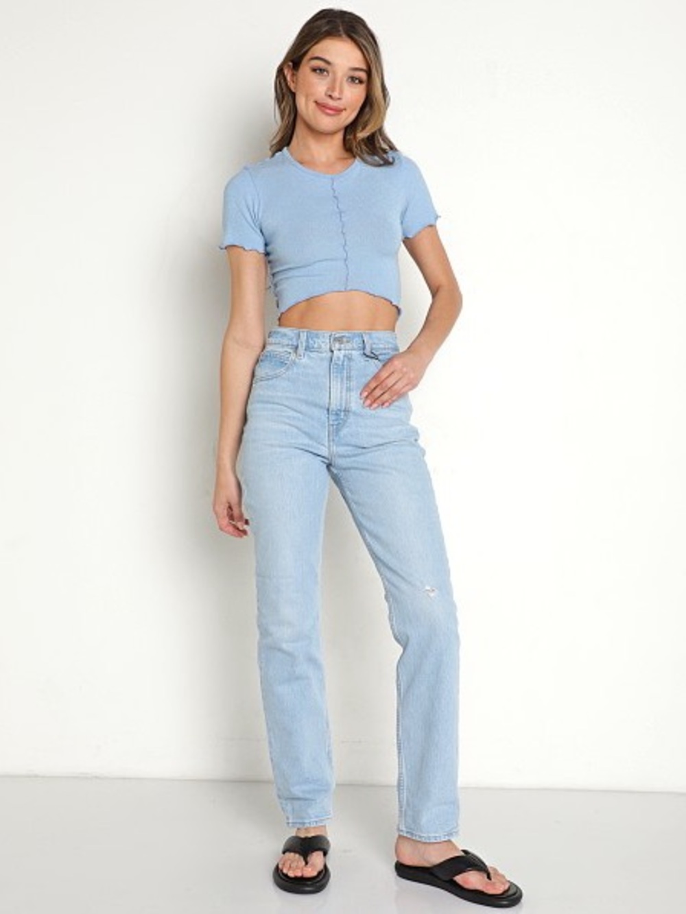 Indah Light Blue Crewneck top with Lettuce Hem. Size Small NWT